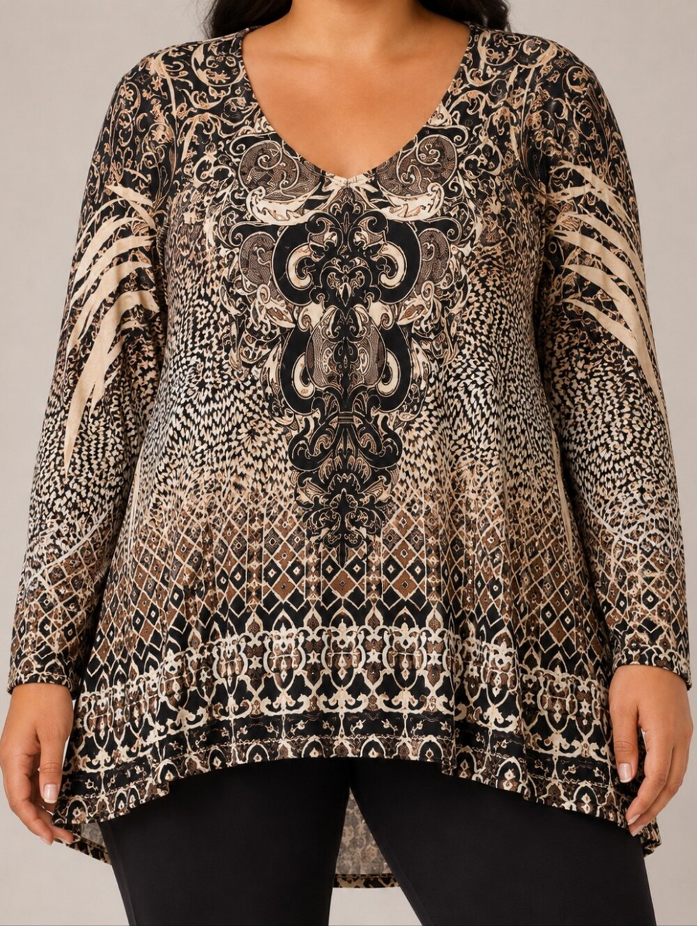 One World Live and Let Live Y2K Tunic 2X Black Tan Baroque Print Hi Low Hem NWOT